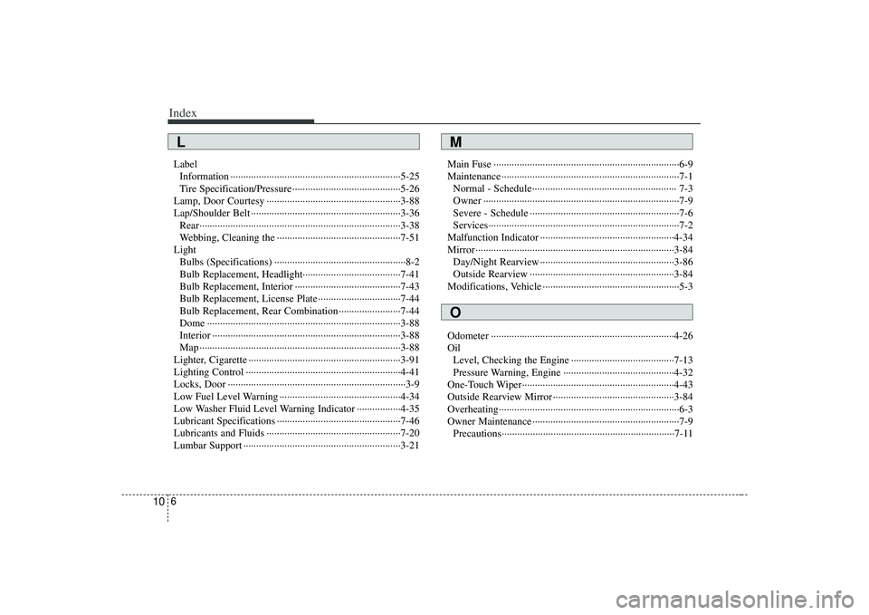 KIA AMANTI 2009 User Guide Index6
10
LabelInformation ··················\
··················\
··················\
············5-25
Tire Specification/Pressure ·