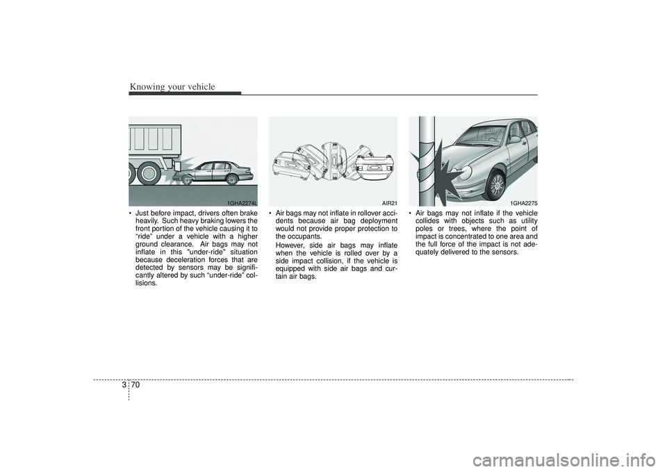 KIA AMANTI 2009 Manual Online Knowing your vehicle70
3 Just before impact, drivers often brake
heavily. Such heavy braking lowers the
front portion of the vehicle causing it to
“ride” under a vehicle with a higher
ground clear
