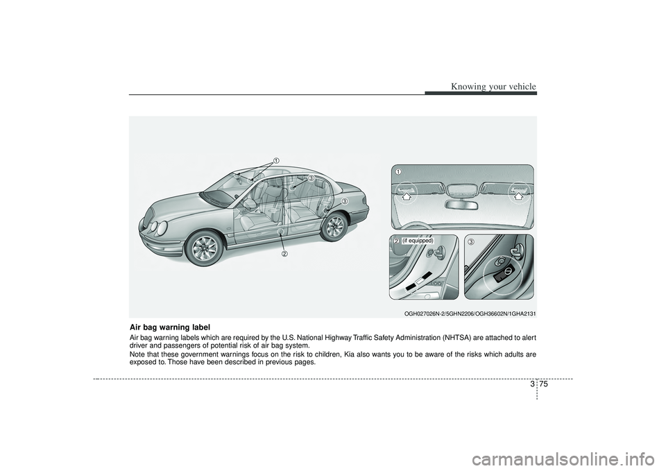 KIA AMANTI 2009 Manual Online 375
Knowing your vehicle
Air bag warning labelAir bag warning labels which are required by the U.S. National Highway Traffic Safety Administration (NHTSA) are attached to alert
driver and passengers o