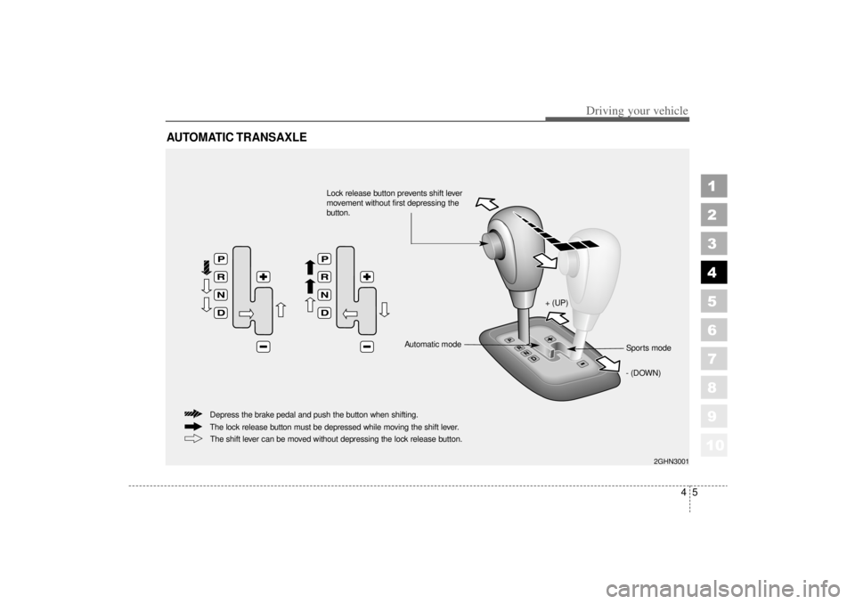 KIA AMANTI 2006  Owners Manual 45
1
2
3
4
5
6
7
8
910
Driving your vehicle
AUTOMATIC TRANSAXLE
2GHN3001
The lock release button must be depressed while moving the shift lever. Depress the brake pedal and push the button when shifti