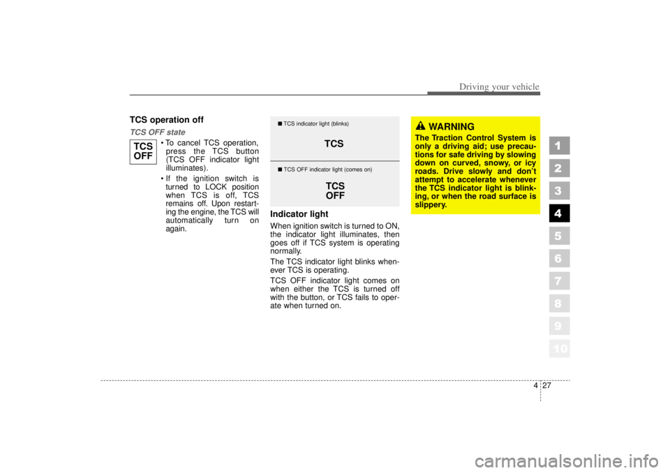KIA AMANTI 2006 Owners Manual 427
1
2
3
4
5
6
7
8
910
Driving your vehicle
TCS operation offTCS OFF state
To cancel TCS operation,press the TCS button
(TCS OFF indicator light
illuminates).
If the ignition switch is turned to KIA AMANTI 2006 Owners Manual 427
1
2
3
4
5
6
7
8
910
Driving your vehicle
TCS operation offTCS OFF state
To cancel TCS operation,press the TCS button
(TCS OFF indicator light
illuminates).
If the ignition switch is turned to