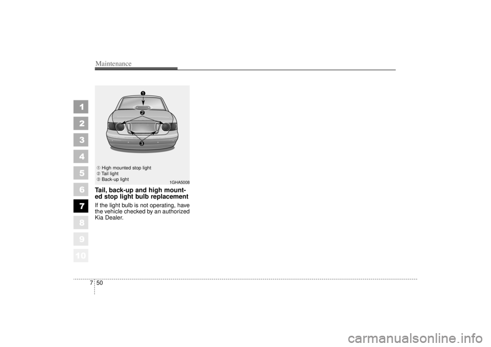 KIA AMANTI 2006 Owners Manual Maintenance50
7
1
2
3
4
5
6
7
8
910
Tail, back-up and high mount-
ed stop light bulb replacementIf the light bulb is not operating, have
the vehicle checked by an authorized
Kia Dealer.➀ High mounte KIA AMANTI 2006 Owners Manual Maintenance50
7
1
2
3
4
5
6
7
8
910
Tail, back-up and high mount-
ed stop light bulb replacementIf the light bulb is not operating, have
the vehicle checked by an authorized
Kia Dealer.➀ High mounte