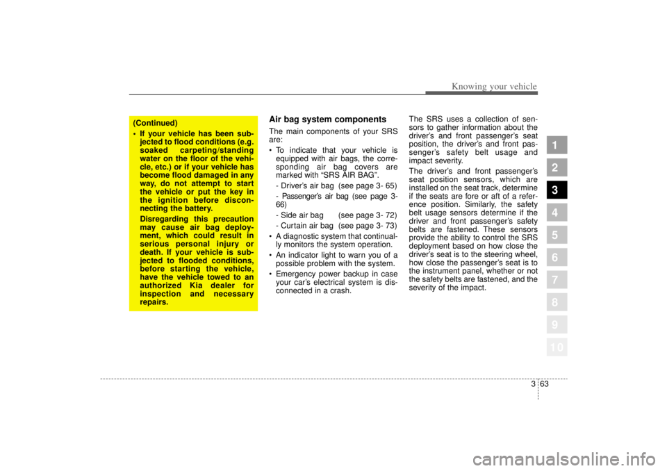 KIA AMANTI 2006 Manual PDF 363
1
2
3
4
5
6
7
8
910
Knowing your vehicle
Air bag system components  The main components of your SRS
are:
To indicate that your vehicle is
equipped with air bags, the corre-
sponding air bag cover