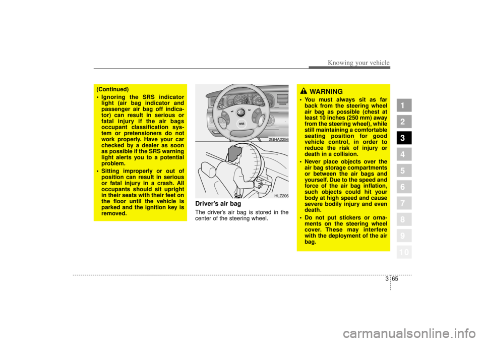 KIA AMANTI 2006 Manual PDF 365
1
2
3
4
5
6
7
8
910
Knowing your vehicle
Driver’s air bagThe driver’ s air bag is stored in the
center of the steering wheel.
CRUISE
ON/OFFCAN CE
L
COAST
   SETRES
ACCEL
HLZ2062GHA2256
(Contin