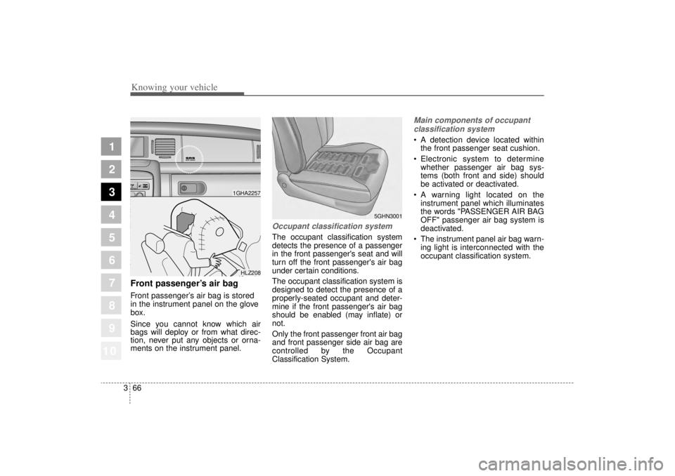 KIA AMANTI 2006 Manual PDF Knowing your vehicle66
3
1
2
3
4
5
6
7
8
910
Front passenger’ s air bagFront passenger’s air bag is stored
in the instrument panel on the glove
box.
Since you cannot know which air
bags will deplo