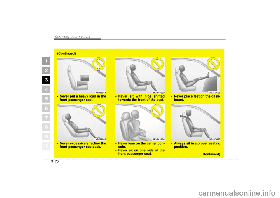 KIA AMANTI 2006 Manual Online Knowing your vehicle70
3
1
2
3
4
5
6
7
8
910
1KMN36631KMN3664
1KMN36651KMN3666
- Never sit with hips shifted
towards the front of the seat.
- Never lean on the center con- sole.
- Never sit on one sid