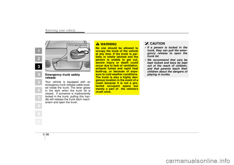 KIA AMANTI 2006  Owners Manual Knowing your vehicle86
3
1
2
3
4
5
6
7
8
910
Emergency trunk safety
releaseYour vehicle is equipped with an
emergency trunk release cable locat-
ed inside the trunk. The lever glows
in the dark when t