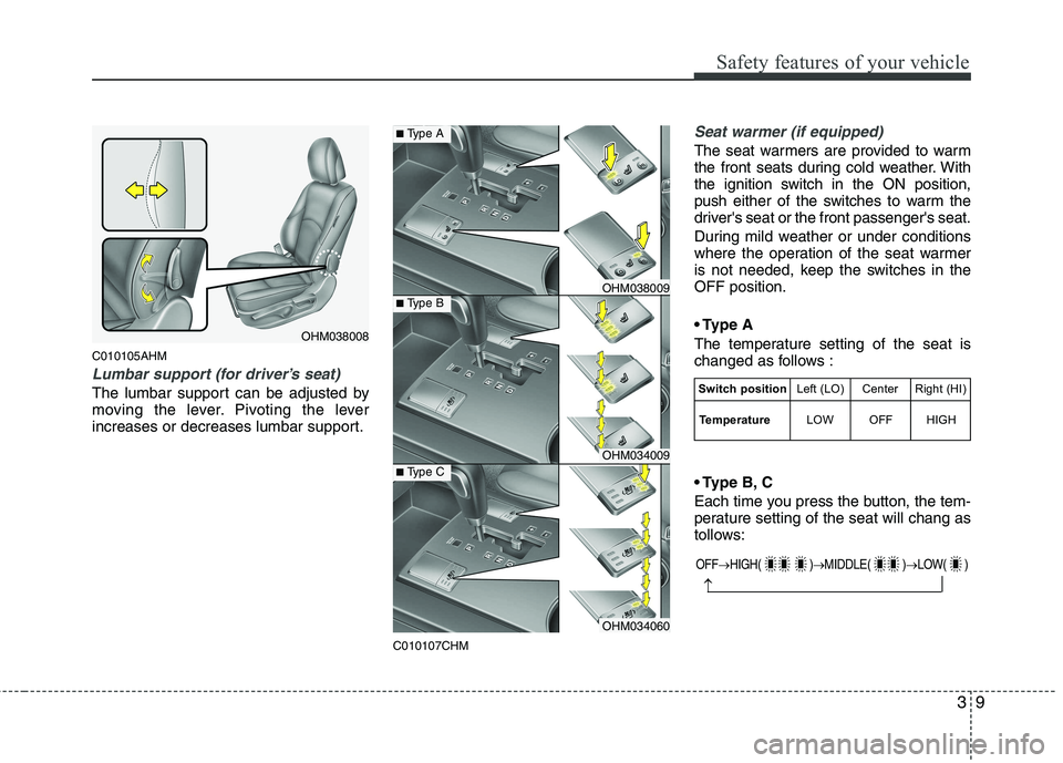 KIA BORREGO 2015 Owners Manual 39
Safety features of your vehicle
C010105AHM
Lumbar support (for driver’s seat)
The lumbar support can be adjusted by
moving the lever. Pivoting the lever
increases or decreases lumbar support.C01 KIA BORREGO 2015 Owners Manual 39
Safety features of your vehicle
C010105AHM
Lumbar support (for driver’s seat)
The lumbar support can be adjusted by
moving the lever. Pivoting the lever
increases or decreases lumbar support.C01