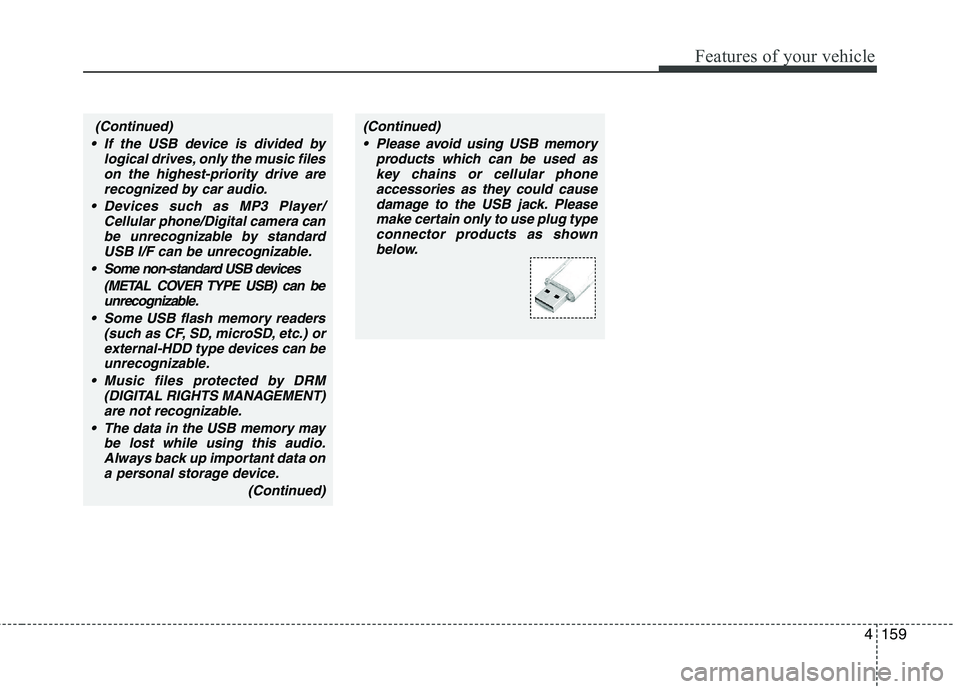 KIA BORREGO 2015 Owners Manual 4159
Features of your vehicle
(Continued)
If the USB device is divided by logical drives, only the music fileson the highest-priority drive arerecognized by car audio.
Devices such as MP3 Player/ Ce KIA BORREGO 2015 Owners Manual 4159
Features of your vehicle
(Continued)
If the USB device is divided by logical drives, only the music fileson the highest-priority drive arerecognized by car audio.
Devices such as MP3 Player/ Ce