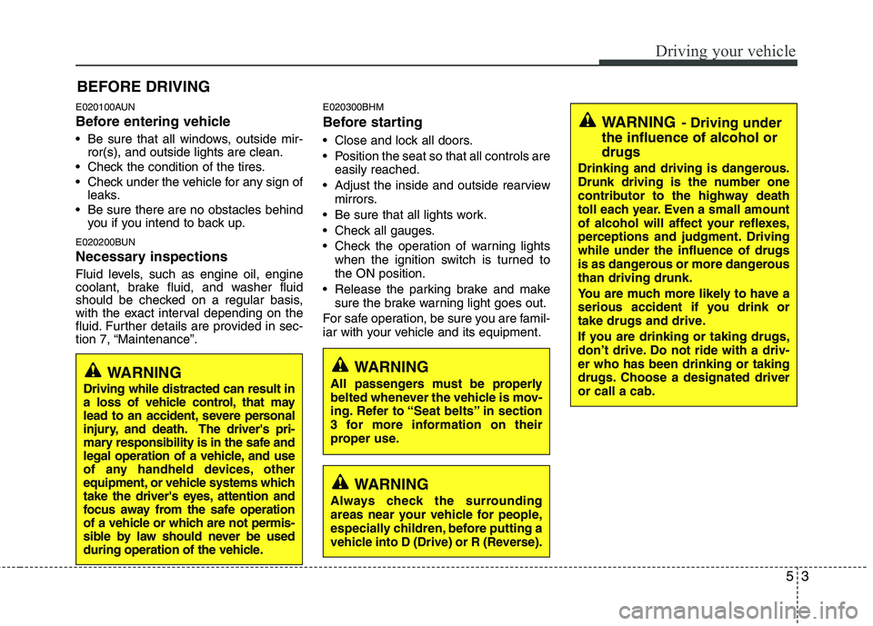 KIA BORREGO 2015  Owners Manual 53
Driving your vehicle
E020100AUN 
Before entering vehicle 
• Be sure that all windows, outside mir-ror(s), and outside lights are clean.
 Check the condition of the tires. 
 Check under the vehicl