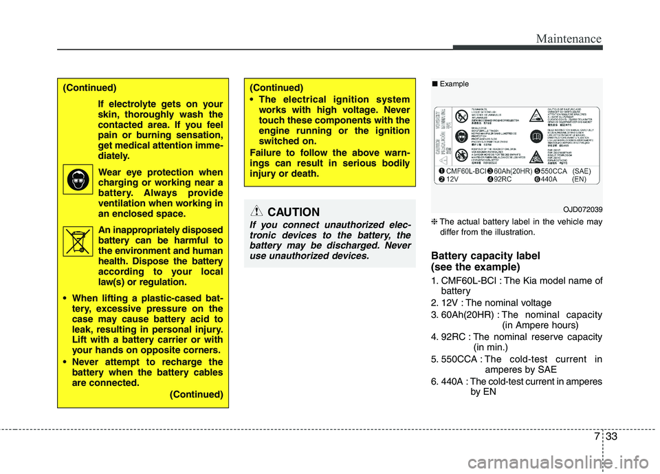KIA BORREGO 2015 Owners Manual 733
Maintenance
❈The actual battery label in the vehicle may
differ from the illustration.
Battery capacity label
(see the example)
1. CMF60L-BCI : The Kia model name of battery
2. 12V : The nomi KIA BORREGO 2015 Owners Manual 733
Maintenance
❈The actual battery label in the vehicle may
differ from the illustration.
Battery capacity label
(see the example)
1. CMF60L-BCI : The Kia model name of battery
2. 12V : The nomi