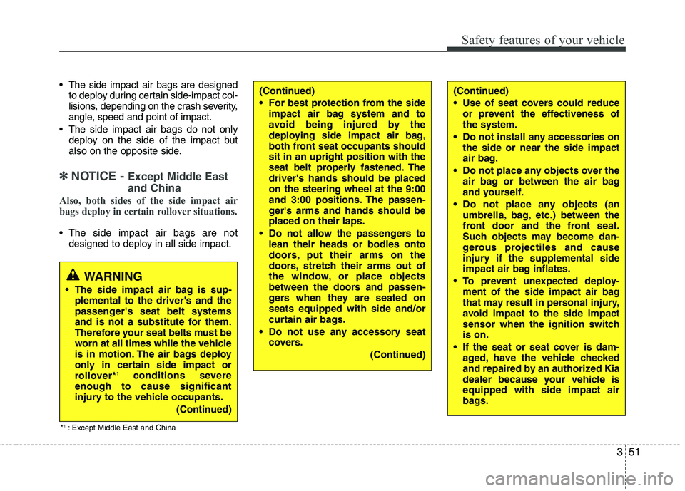 KIA BORREGO 2015 Repair Manual 351
Safety features of your vehicle
The side impact air bags are designedto deploy during certain side-impact col-
lisions, depending on the crash severity,
angle, speed and point of impact.
The si KIA BORREGO 2015 Repair Manual 351
Safety features of your vehicle
The side impact air bags are designedto deploy during certain side-impact col-
lisions, depending on the crash severity,
angle, speed and point of impact.
The si