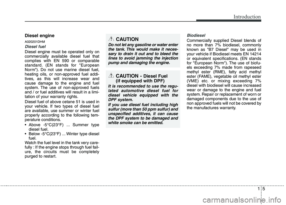 KIA BORREGO 2015  Owners Manual 15
Introduction
Diesel engine A020201DHM
Diesel fuel
Diesel engine must be operated only on 
commercially available diesel fuel that
complies with EN 590 or comparable
standard. (EN stands for "Europe