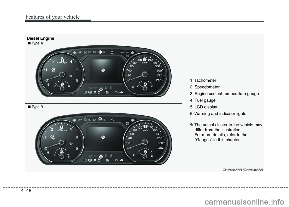 KIA BORREGO 2017  Owners Manual Features of your vehicle
48
4
OHM046562L/OHM046563L
1. Tachometer  
2. Speedometer
3. Engine coolant temperature gauge
4. Fuel gauge
5. LCD display
6. Warning and indicator lights ❈
The actual clust