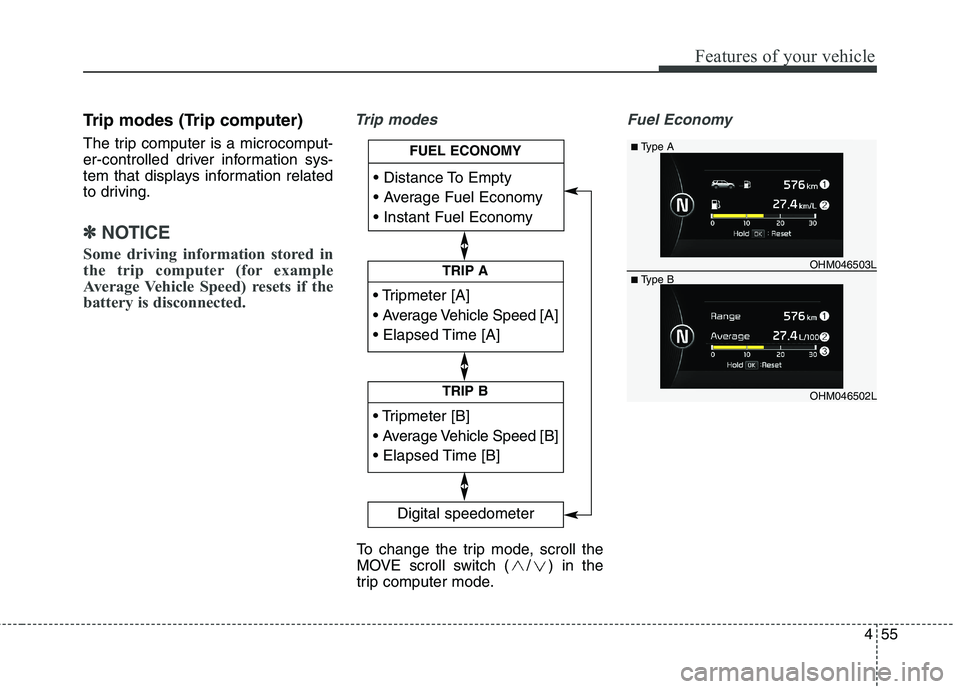 KIA BORREGO 2017  Owners Manual 455
Features of your vehicle
Trip modes (Trip computer) 
The trip computer is a microcomput- 
er-controlled driver information sys-
tem that displays information related
to driving.
✽✽NOTICE
Some 