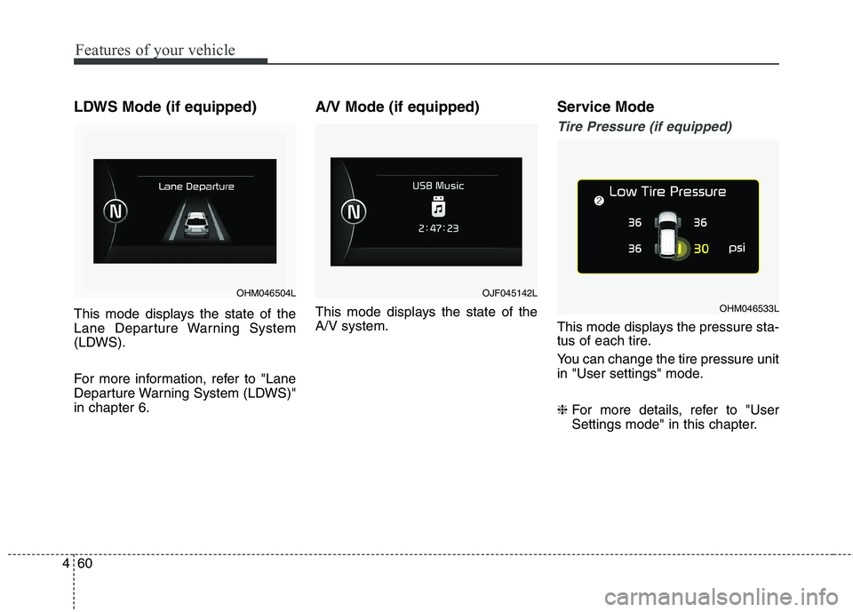 KIA BORREGO 2017  Owners Manual Features of your vehicle
60
4
LDWS Mode (if equipped) 
This mode displays the state of the 
Lane Departure Warning System
(LDWS). 
For more information, refer to "Lane 
Departure Warning System (LDWS)