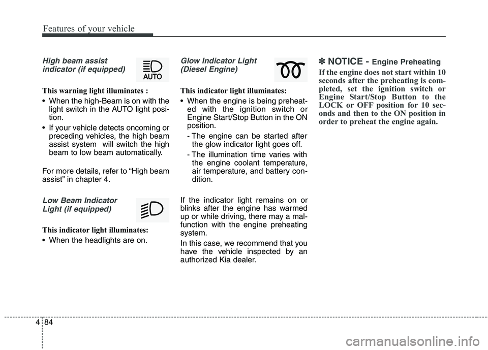 KIA BORREGO 2017  Owners Manual Features of your vehicle
84
4
High beam assist 
indicator (if equipped)
This warning light illuminates :  
 When the high-Beam is on with the light switch in the AUTO light posi- tion.
 If your vehicl