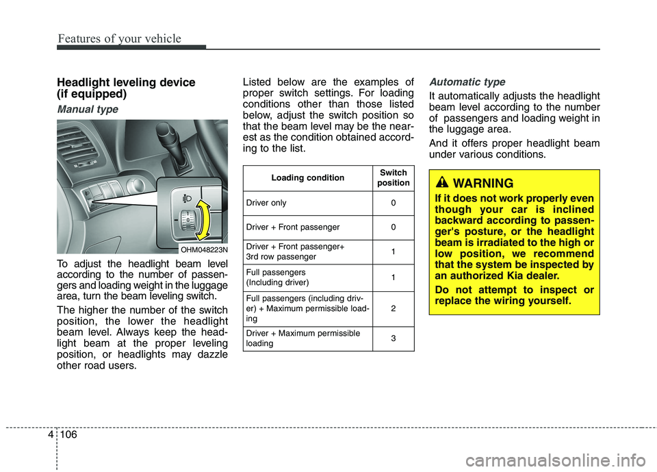 KIA BORREGO 2017 Owners Manual Features of your vehicle
106
4
Headlight leveling device (if equipped)
Manual type
To adjust the headlight beam level
according to the number of passen-
gers and loading weight in the luggage
area, KIA BORREGO 2017 Owners Manual Features of your vehicle
106
4
Headlight leveling device (if equipped)
Manual type
To adjust the headlight beam level
according to the number of passen-
gers and loading weight in the luggage
area,