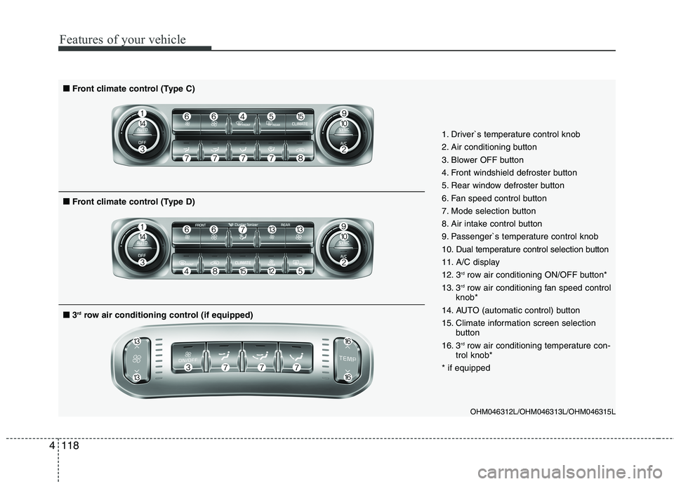 KIA BORREGO 2017 Owners Manual Features of your vehicle
118
4
OHM046312L/OHM046313L/OHM046315L
1. Driver`s temperature control knob
2. Air conditioning button
3. Blower OFF button
4. Front windshield defroster button
5. Rear windo KIA BORREGO 2017 Owners Manual Features of your vehicle
118
4
OHM046312L/OHM046313L/OHM046315L
1. Driver`s temperature control knob
2. Air conditioning button
3. Blower OFF button
4. Front windshield defroster button
5. Rear windo