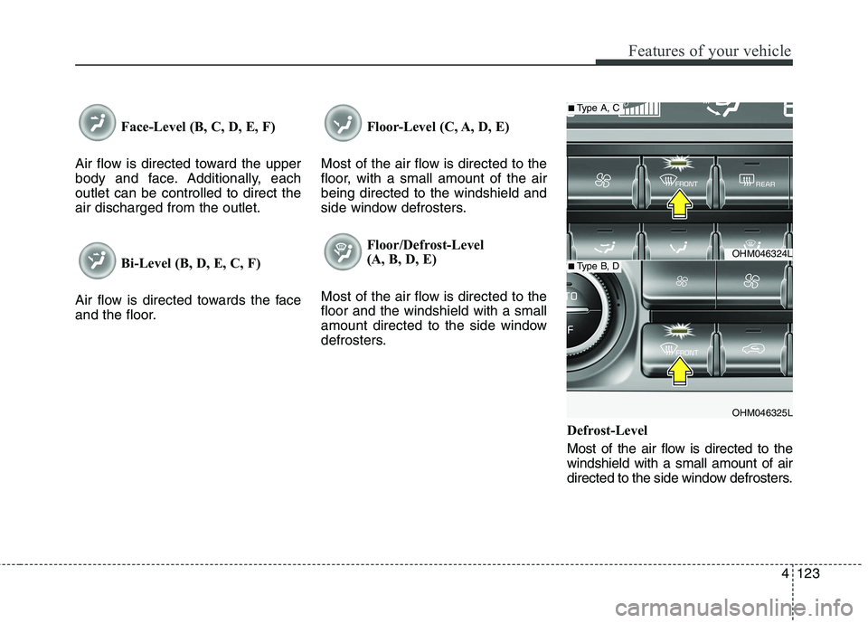 KIA BORREGO 2017 Owners Manual 4123
Features of your vehicle
Face-Level (B, C, D, E, F)
Air flow is directed toward the upper
body and face. Additionally, eachoutlet can be controlled to direct theair discharged from the outlet.
B KIA BORREGO 2017 Owners Manual 4123
Features of your vehicle
Face-Level (B, C, D, E, F)
Air flow is directed toward the upper
body and face. Additionally, eachoutlet can be controlled to direct theair discharged from the outlet.
B