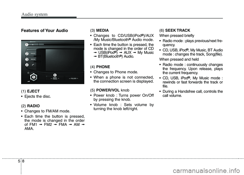 KIA BORREGO 2017  Owners Manual Audio system
58Features of Your Audio (1) 
EJECT
 Ejects the disc. (2)  RADIO
 Changes to FM/AM mode. 
 Each time the button is pressed, the mode is changed in the order of FM1  ➟FM2  ➟FMA  ➟AM 