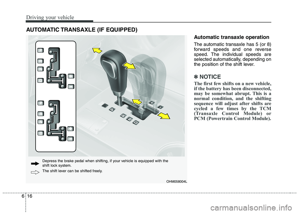 KIA BORREGO 2017 Owners Manual Driving your vehicle
16
6
Automatic transaxle operation
The automatic transaxle has 5 (or 8)
forward speeds and one reverse
speed. The individual speeds are
selected automatically, depending on
the KIA BORREGO 2017 Owners Manual Driving your vehicle
16
6
Automatic transaxle operation
The automatic transaxle has 5 (or 8)
forward speeds and one reverse
speed. The individual speeds are
selected automatically, depending on
the