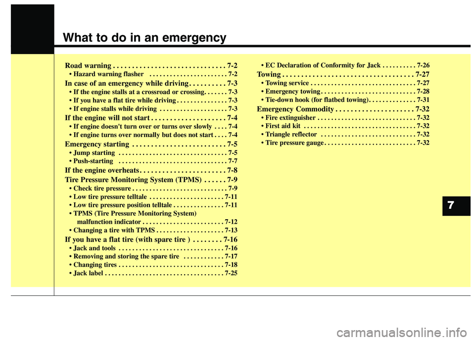 KIA BORREGO 2017 Owners Manual What to do in an emergency
Road warning . . . . . . . . . . . . . . . . . . . . . . . . . . . . . . 7-2• Hazard warning flasher . . . . . . . . . . . . . . . . . . . . . . . 7-2
In case of an emer KIA BORREGO 2017 Owners Manual What to do in an emergency
Road warning . . . . . . . . . . . . . . . . . . . . . . . . . . . . . . 7-2• Hazard warning flasher . . . . . . . . . . . . . . . . . . . . . . . 7-2
In case of an emer