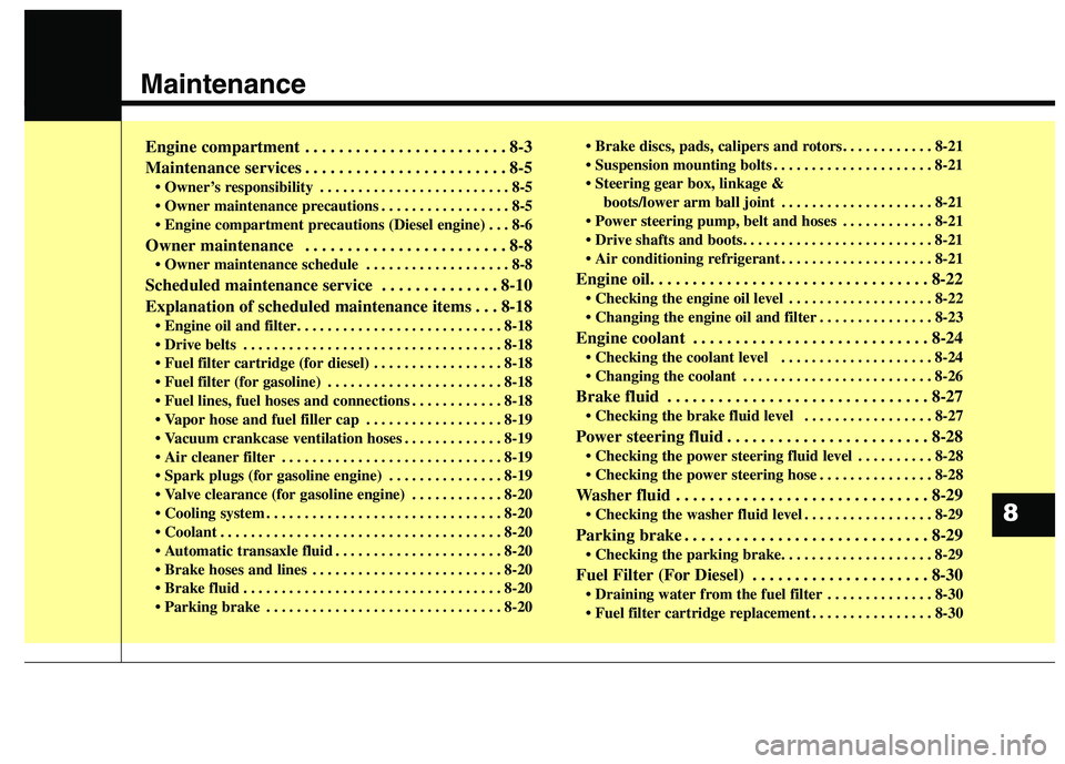 KIA BORREGO 2017 Owners Manual Maintenance
8
Engine compartment . . . . . . . . . . . . . . . . . . . . . . . . 8-3
Maintenance services . . . . . . . . . . . . . . . . . . . . . . . . 8-5• Owner’s responsibility . . . . . . KIA BORREGO 2017 Owners Manual Maintenance
8
Engine compartment . . . . . . . . . . . . . . . . . . . . . . . . 8-3
Maintenance services . . . . . . . . . . . . . . . . . . . . . . . . 8-5• Owner’s responsibility . . . . . .