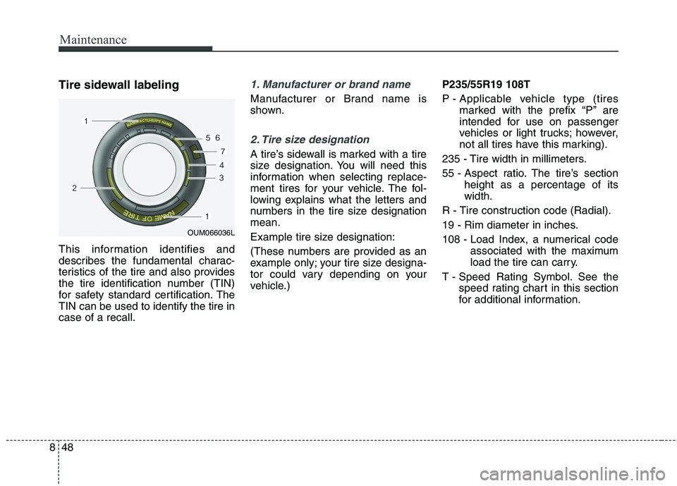 KIA BORREGO 2017  Owners Manual Maintenance
48
8
Tire sidewall labeling 
This information identifies and 
describes the fundamental charac-
teristics of the tire and also provides
the tire identification number (TIN)
for safety stan