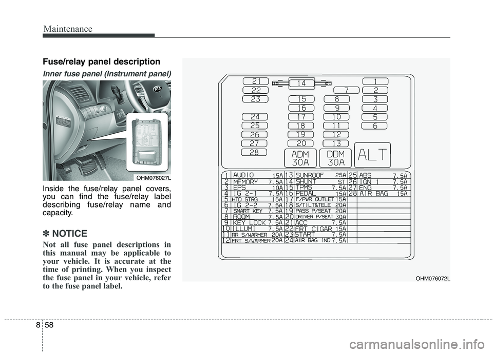 KIA BORREGO 2017 Owners Manual Maintenance
58
8
Fuse/relay panel description
Inner fuse panel (Instrument panel)
Inside the fuse/relay panel covers,
you can find the fuse/relay label
describing fuse/relay name and
capacity.
✽✽ KIA BORREGO 2017 Owners Manual Maintenance
58
8
Fuse/relay panel description
Inner fuse panel (Instrument panel)
Inside the fuse/relay panel covers,
you can find the fuse/relay label
describing fuse/relay name and
capacity.
✽✽