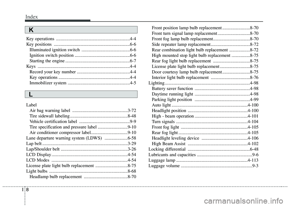 KIA BORREGO 2017 Owners Manual Index
8
I
Key operations ................................................................4-4
Key positions ..................................................................6-6
Illuminated ignition s KIA BORREGO 2017 Owners Manual Index
8
I
Key operations ................................................................4-4
Key positions ..................................................................6-6
Illuminated ignition s