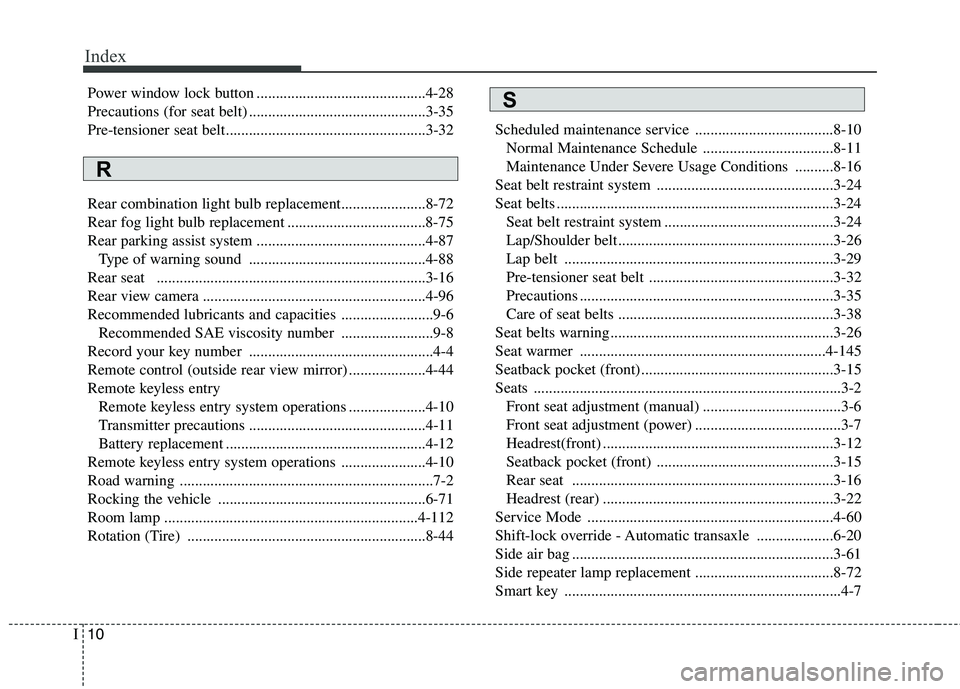 KIA BORREGO 2017  Owners Manual Index
10
I
Power window lock button ............................................4-28 
Precautions (for seat belt) ..............................................3-35
Pre-tensioner seat belt............