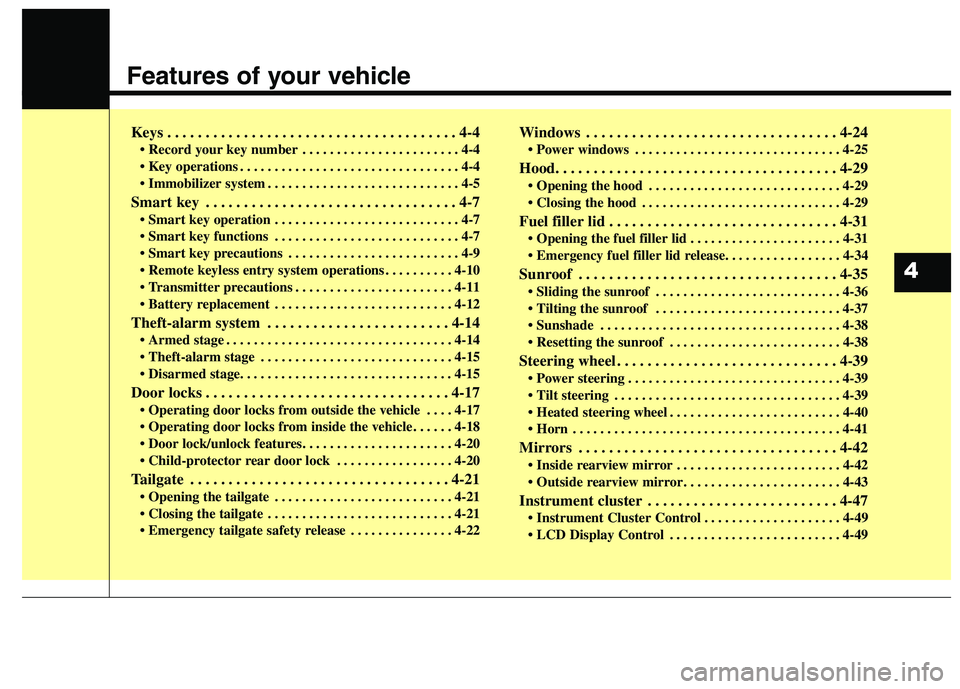 KIA BORREGO 2017 Manual Online Features of your vehicle
Keys . . . . . . . . . . . . . . . . . . . . . . . . . . . . . . . . . . . . . . 4-4• Record your key number . . . . . . . . . . . . . . . . . . . . . . . 4-4 
 . . . . . . 