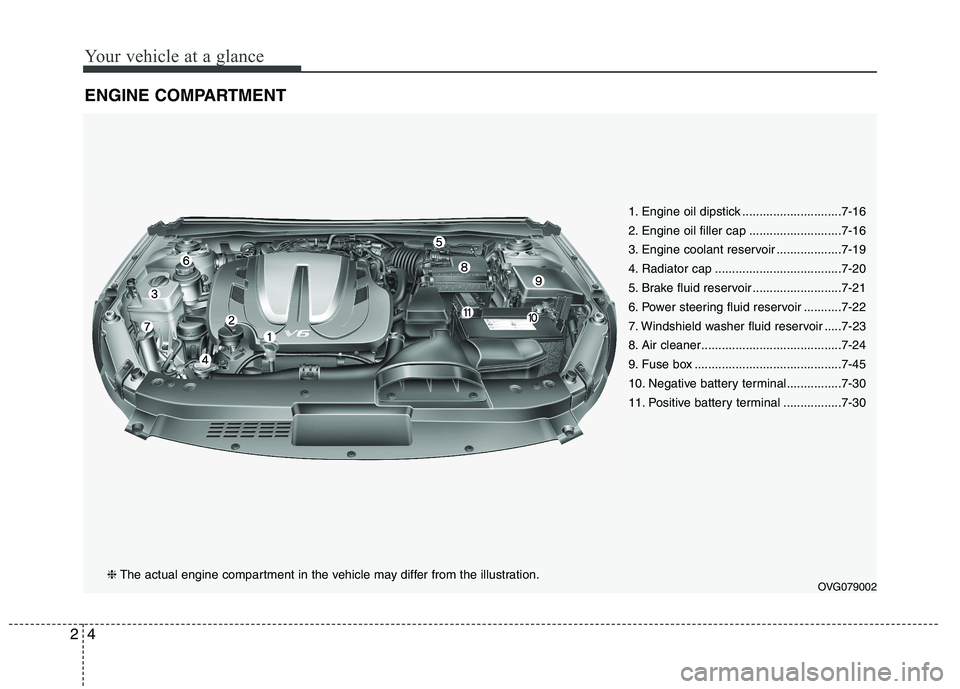 KIA CADENZA 2011  Owners Manual Your vehicle at a glance
4
2
ENGINE COMPARTMENT
1. Engine oil dipstick .............................7-16 
2. Engine oil filler cap ...........................7-16
3. Engine coolant reservoir .........