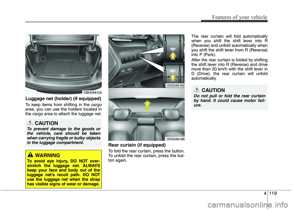 KIA CADENZA 2011 Owners Manual 4119
Features of your vehicle
Luggage net (holder) (if equipped)
To keep items from shifting in the cargo
area, you can use the holders located inthe cargo area to attach the luggage net.Rear curtai KIA CADENZA 2011 Owners Manual 4119
Features of your vehicle
Luggage net (holder) (if equipped)
To keep items from shifting in the cargo
area, you can use the holders located inthe cargo area to attach the luggage net.Rear curtai