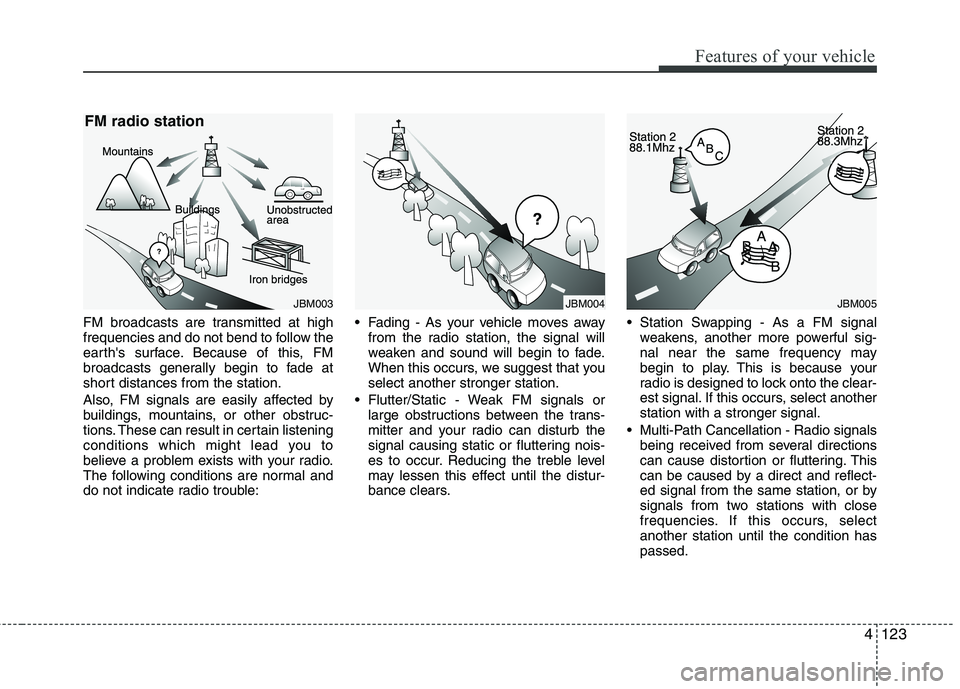 KIA CADENZA 2011 Owners Manual 4123
Features of your vehicle
FM broadcasts are transmitted at high
frequencies and do not bend to follow the
earths surface. Because of this, FM
broadcasts generally begin to fade at
short distance KIA CADENZA 2011 Owners Manual 4123
Features of your vehicle
FM broadcasts are transmitted at high
frequencies and do not bend to follow the
earths surface. Because of this, FM
broadcasts generally begin to fade at
short distance