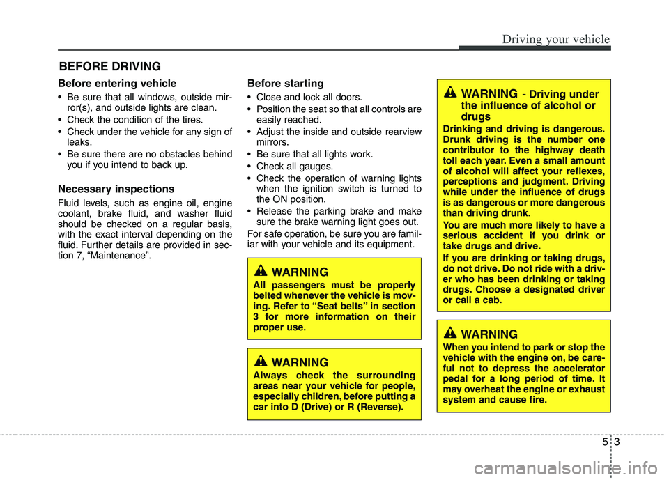 KIA CADENZA 2011 Owners Manual 53
Driving your vehicle
Before entering vehicle 
• Be sure that all windows, outside mir-ror(s), and outside lights are clean.
 Check the condition of the tires. 
 Check under the vehicle for any si