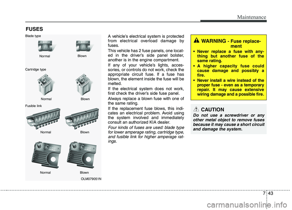 KIA CADENZA 2011 Workshop Manual 743
Maintenance
FUSESA vehicle’s electrical system is protected 
from electrical overload damage by
fuses. 
This vehicle has 2 fuse panels, one locat- 
ed in the driver’s side panel bolster,
anoth