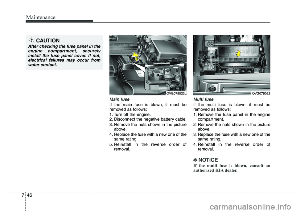 KIA CADENZA 2011 Workshop Manual Maintenance
46
7
Main fuse
If the main fuse is blown, it must be 
removed as follows: 
1. Turn off the engine. 
2. Disconnect the negative battery cable. 
3. Remove the nuts shown in the picture
above