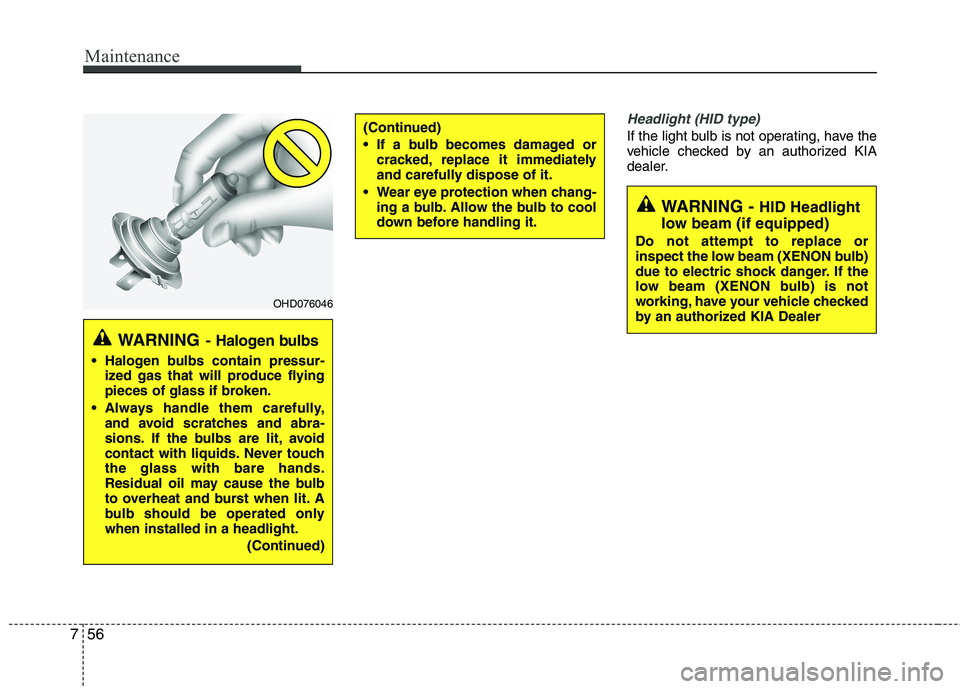 KIA CADENZA 2011  Owners Manual Maintenance
56
7
Headlight (HID type)
If the light bulb is not operating, have the 
vehicle checked by an authorized KIA
dealer.(Continued) 
 If a bulb becomes damaged or
cracked, replace it immediate