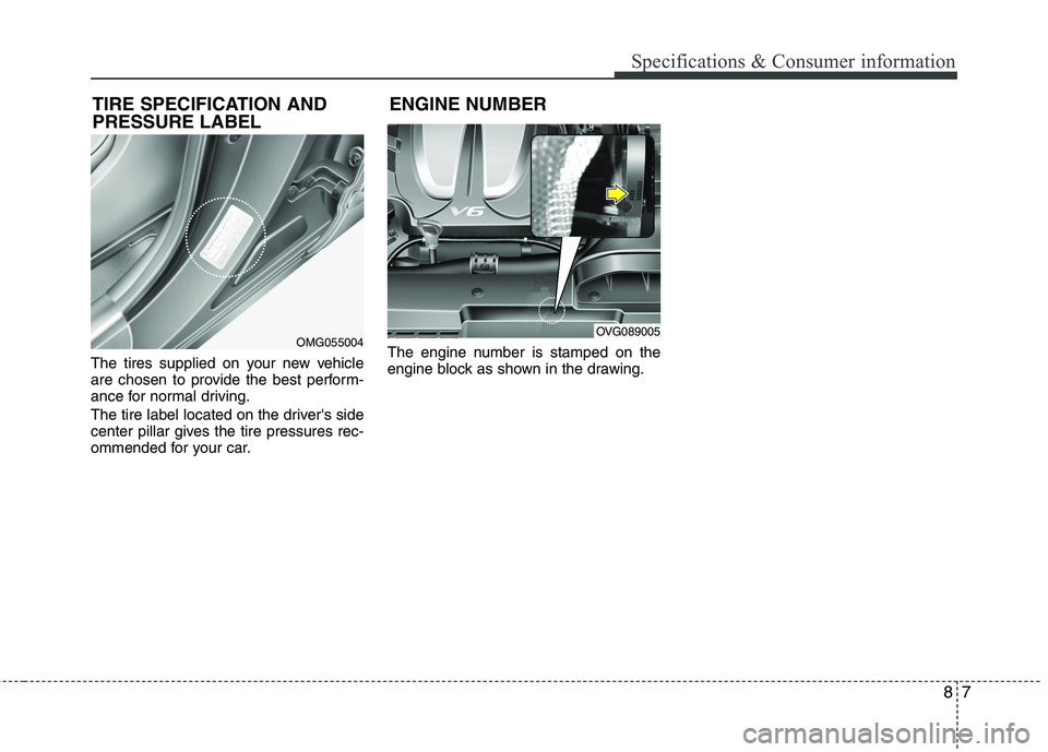 KIA CADENZA 2011 Owners Manual 87
Specifications & Consumer information
The tires supplied on your new vehicle
are chosen to provide the best perform-
ance for normal driving.
The tire label located on the drivers side
center p KIA CADENZA 2011 Owners Manual 87
Specifications & Consumer information
The tires supplied on your new vehicle
are chosen to provide the best perform-
ance for normal driving.
The tire label located on the drivers side
center p
