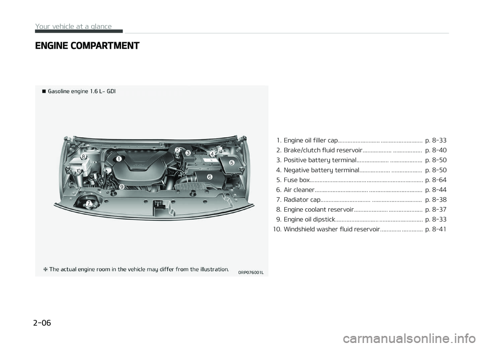 KIA CARENS 2018 User Guide ENGINE COMPARTMENT
1. Enþinü oil ýillür cap.......................... ..........................  p. 8-33 
2. Brakü/clutch ýluid rüsürvoir.................. ..................  p. 8-40
3. ços