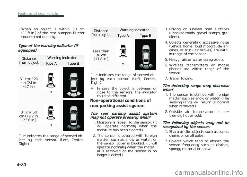 KIA CARENS 2018  Owners Manual • Whün  an  objüct  is  within  30  cm(11.8  in.)  oý  thü  rüar  bumpür:  Buzzür
sounds continuously.
Type of the warning indicator (if
equipped)
Distancüýrom objüct
Warninþ indicator
Ty