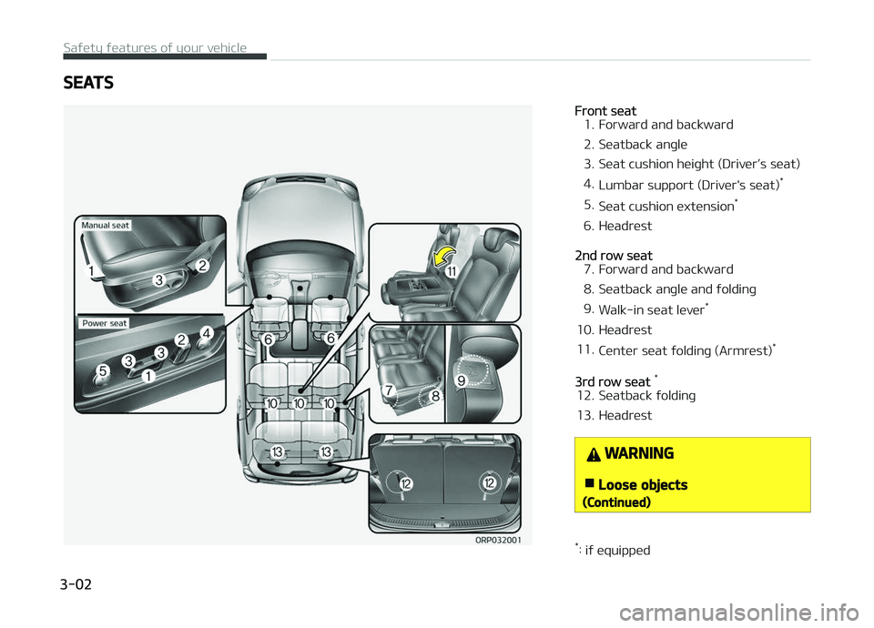 KIA CARENS 2018 Owners Manual SEATS
Front süat
1. Forward and backward
2. Süatback anþlü 
3. Süat cushion hüiþht (DrivürL