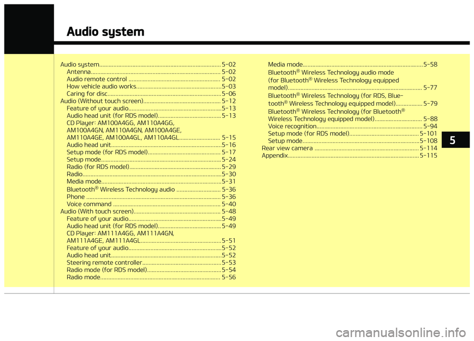 KIA CARENS 2018  Owners Manual Audio systüm............................................................................. 5-02Antünna.................................................................................. 5-02 
Audio r�