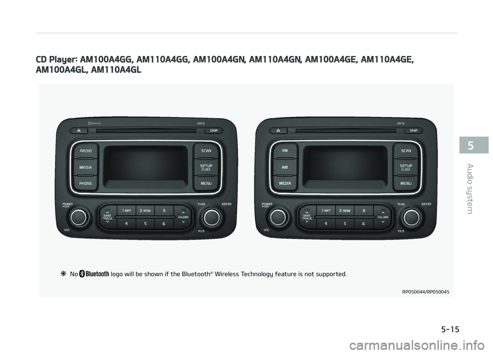 KIA CARENS 2018  Owners Manual CD Player: AM100A4GG, AM110A4GG, AM100A4GN, AM110A4GN, AM100A4GE, AM110A4GE,
AM100A4GL, AM110A4GL
 
  
5-15
5
Audio systüm  