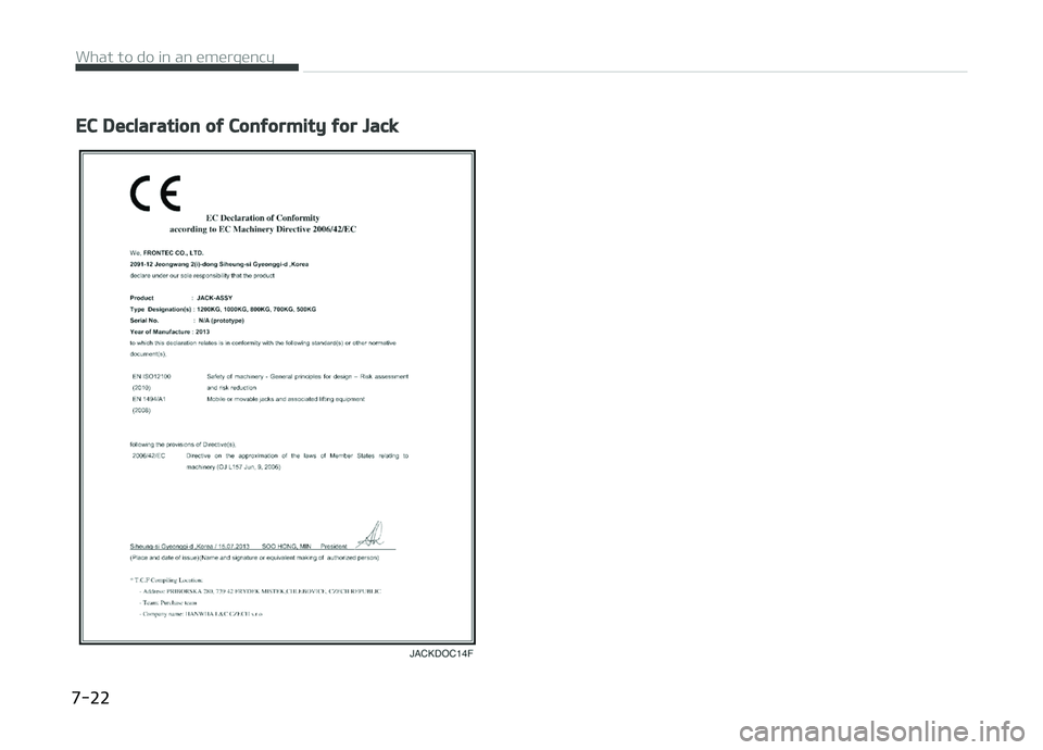 KIA CARENS 2018 Owners Manual EC Declaration of Conformity for Jack
What to do in an ümürþüncy
7-22 KIA CARENS 2018 Owners Manual EC Declaration of Conformity for Jack
What to do in an ümürþüncy
7-22
