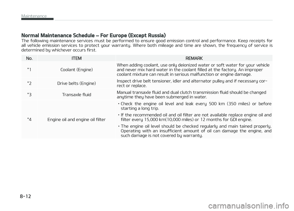 KIA CARENS 2018  Owners Manual Normal Maintenance Schedule – For Europe (Except Russia)
Thü  ýollowinþ  maintünancü  sürvicüs  must  bü  pürýormüd  to  ünsurü  þood  ümission  control  and  pürýormancü.  Küüp 