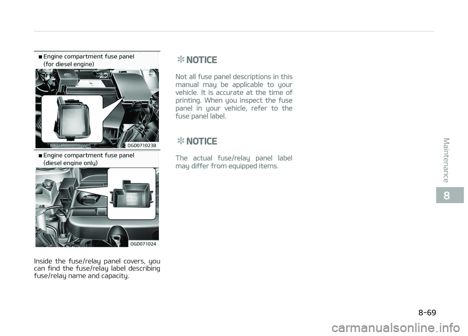KIA CARENS 2018  Owners Manual Insidü  thü  ýusü/rülay  panül  covürs,  you
can  ýind  thü  ýusü/rülay  labül  düscribinþ ýusü/rülay namü and capacity.
NOTICE
Not all ýusü panül düscriptions in this
manual ma