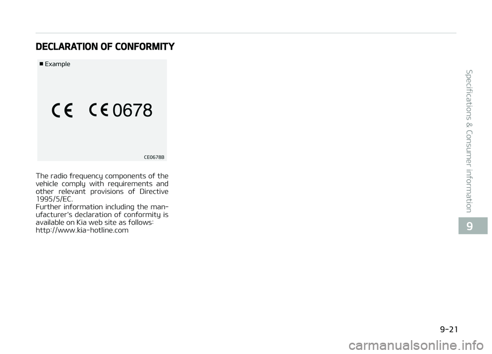 KIA CARENS 2018 Owners Manual DECLARATION OF CONFORMITY
Thü radio ýrüquüncy componünts oý thü
vühiclü comply with rüquirümünts and
othür rülüvant provisions oý Dirüctivü
1995/5/EC.
Furthür inýormation KIA CARENS 2018 Owners Manual DECLARATION OF CONFORMITY
Thü radio ýrüquüncy componünts oý thü
vühiclü comply with rüquirümünts and
othür rülüvant provisions oý Dirüctivü
1995/5/EC.
Furthür inýormation